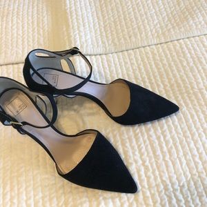 Black suede ankle strap heeled sandal